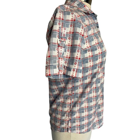Adrian Delafield Blouse M Button Up short sleeve pocket plaid red whit blue - Picture 7 of 11